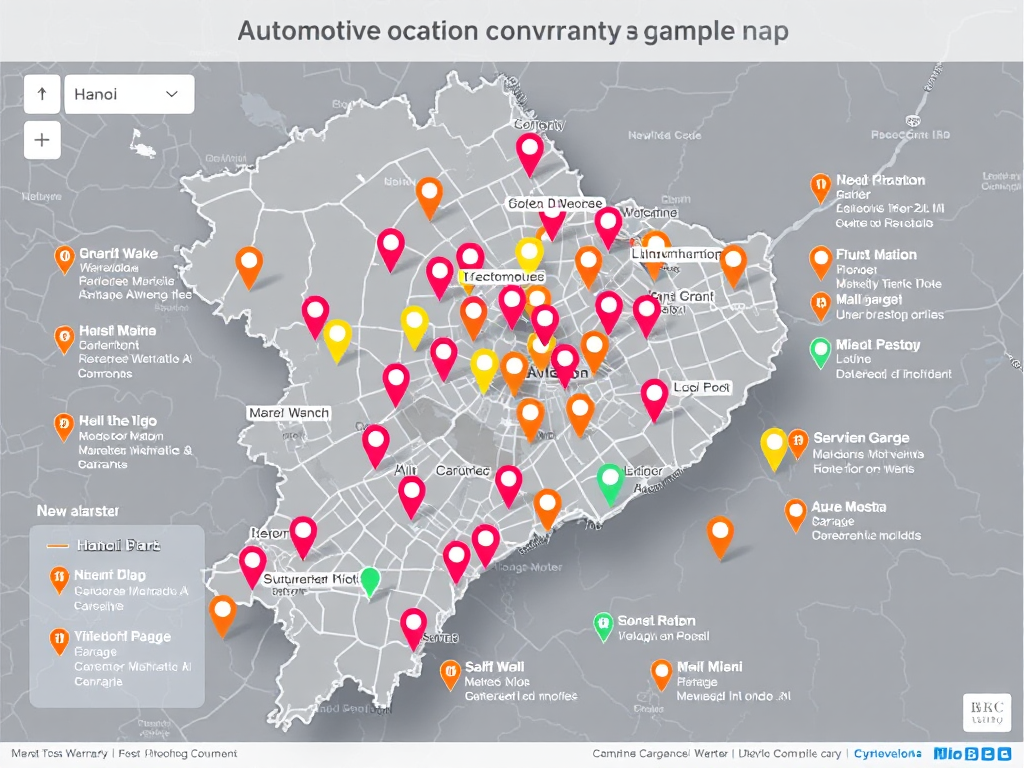 Bản đồ chi tiết chính sách bảo hành tại các gara ô tô Hà Nội với các điểm đánh dấu màu sắc, giao diện số hiện đại và yếu tố điều hướng rõ ràng, thiết kế infographic chuyên nghiệp