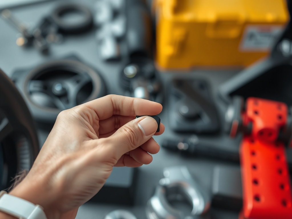 Bàn tay kiểm tra kỹ lưỡng một phụ kiện ô tô chất lượng cao, với các phụ kiện khác nằm mờ phía sau.