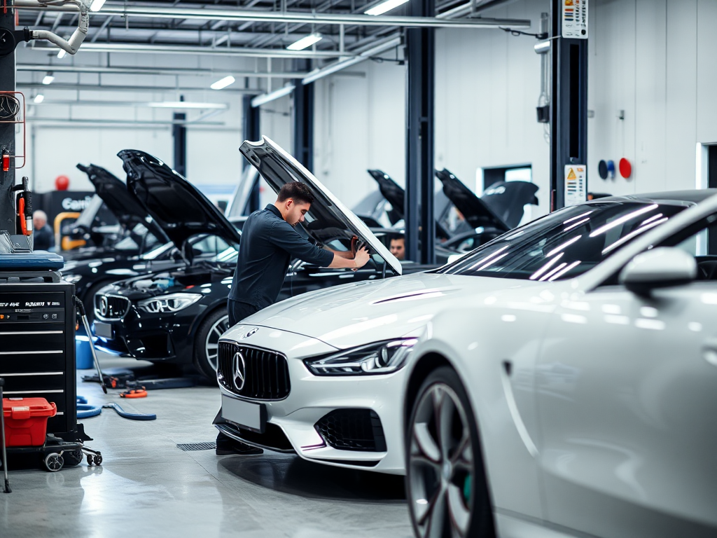 Các kỹ thuật viên chuyên nghiệp đang kiểm tra và sửa chữa xe ô tô nhập khẩu trong gara hiện đại tại Hà Nội, với đầy đủ trang thiết bị chuyên dụng