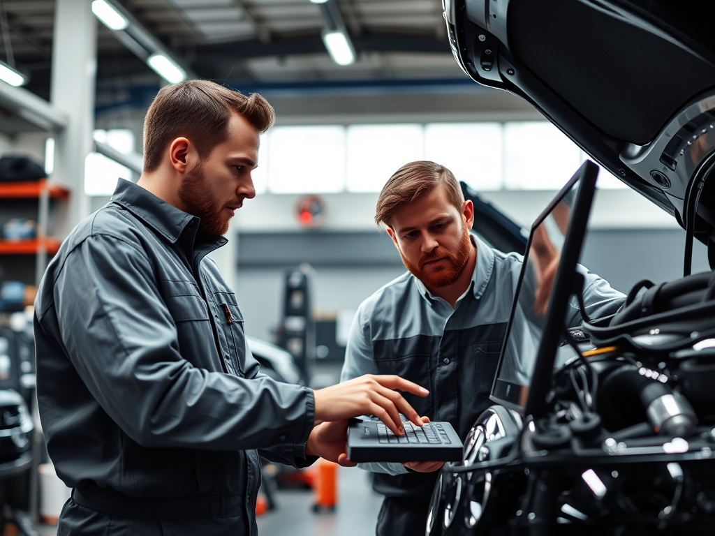 Các kỹ thuật viên chuyên nghiệp kiểm tra chẩn đoán xe hơi trên máy tính trong gara hiện đại với ánh sáng rõ ràng, môi trường bảo dưỡng ô tô uy tín