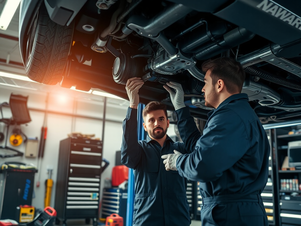 Các kỹ thuật viên chuyên nghiệp kiểm tra gầm ô tô trong xưởng sửa chữa hiện đại tại Hà Nội, với đầy đủ dụng cụ chuyên dụng và ánh sáng đầy đủ