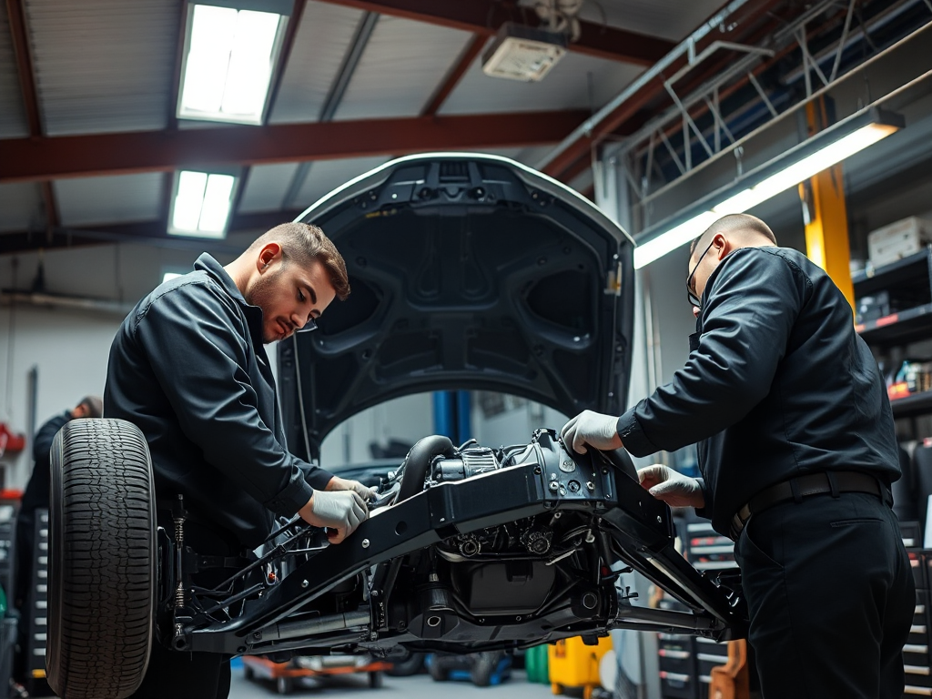 Các kỹ thuật viên đang sửa chữa gầm ô tô trong gara chuyên nghiệp tại Hà Nội, với đầy đủ dụng cụ chuyên dụng và ánh sáng đầy đủ