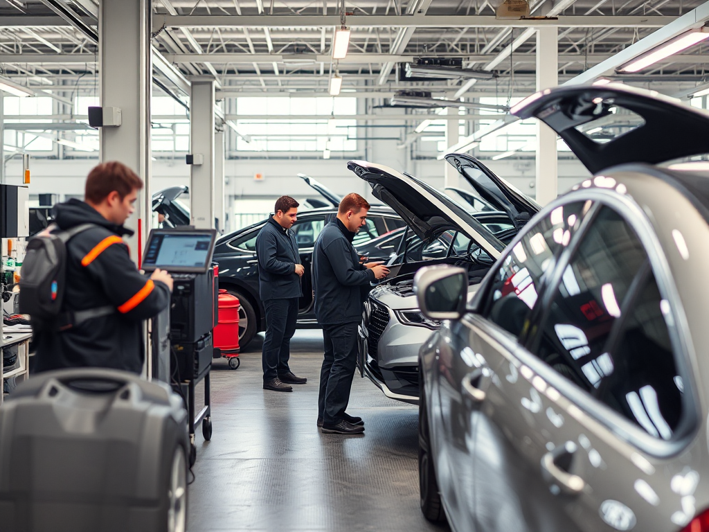 Các kỹ thuật viên kiểm tra xe ô tô tại trung tâm kiểm định hiện đại ở Hà Nội, sử dụng thiết bị chẩn đoán tiên tiến trong môi trường chuyên nghiệp