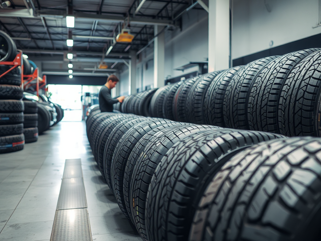 Các loại lốp ô tô đa dạng được trưng bày trong gara hiện đại, thợ cơ khí chuyên nghiệp kiểm tra chất lượng lốp dưới ánh sáng rõ ràng