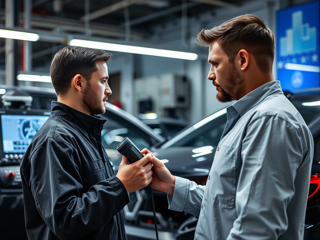 Các thiết bị chẩn đoán ô tô hiện đại trong gara chuyên nghiệp tại Hà Nội, kỹ thuật viên sử dụng máy quét chẩn đoán, màn hình kỹ thuật số, ánh sáng LED sáng, không gian công nghiệp hiện đại