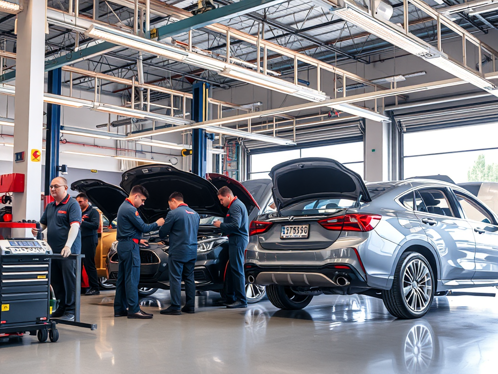 Cảnh bảo dưỡng ô tô chuyên nghiệp tại trung tâm dịch vụ Hà Nội với kỹ thuật viên đang làm việc trên xe, ánh sáng xưởng sáng rõ và dụng cụ chuyên dụng