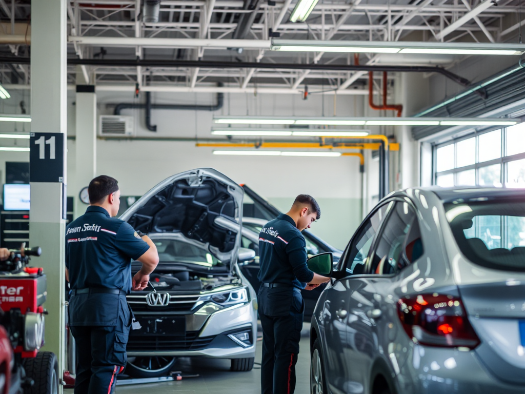 Cảnh bảo dưỡng ô tô theo mùa tại Hà Nội với kỹ thuật viên kiểm tra xe trong xưởng sửa chữa hiện đại, ánh sáng đèn huỳnh quang sáng rõ