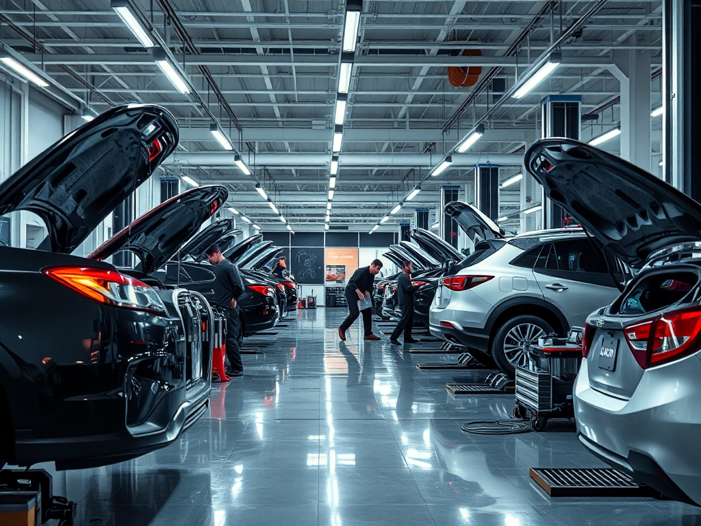 Cảnh bên trong gara ô tô chất lượng cao tại Hà Nội với kỹ thuật viên chuyên nghiệp đang làm việc trên xe, trang thiết bị hiện đại và ánh sáng đầy đủ