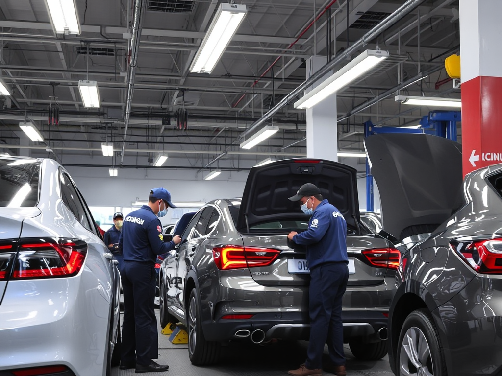 Cảnh bên trong gara ô tô chuyên nghiệp tại Hà Nội với kỹ thuật viên đang kiểm tra xe, thiết bị sửa chữa hiện đại và ánh sáng đèn huỳnh quang rõ ràng