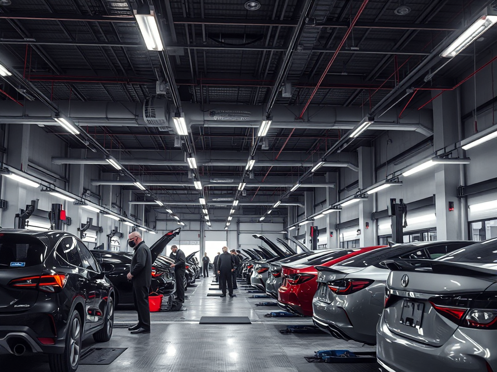 Cảnh bên trong gara ô tô chuyên nghiệp tại Hà Nội với kỹ thuật viên đang kiểm tra xe, thiết bị chẩn đoán hiện đại và ánh sáng đèn LED rõ ràng