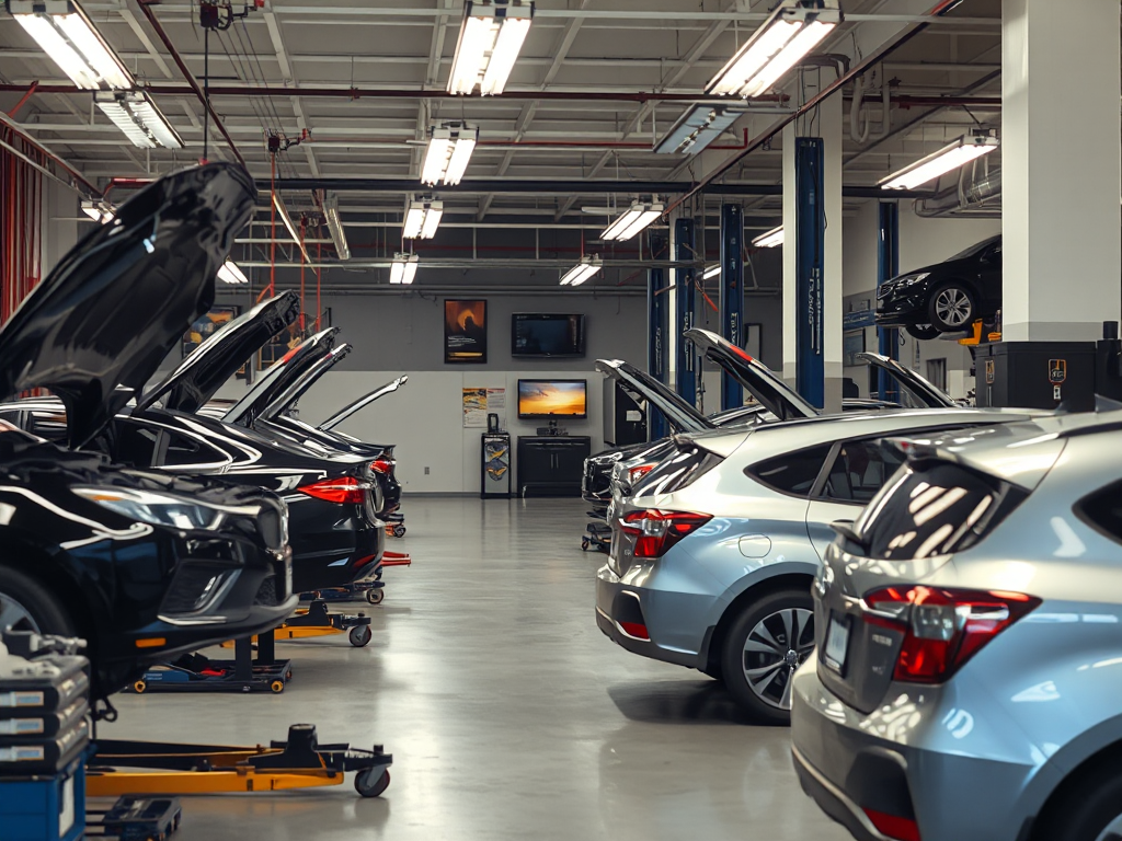Cảnh bên trong gara ô tô hiện đại tại Hà Nội với kỹ thuật viên đang bảo dưỡng xe, đầy đủ dụng cụ chuyên dụng và ánh sáng đèn huỳnh quang sáng rõ