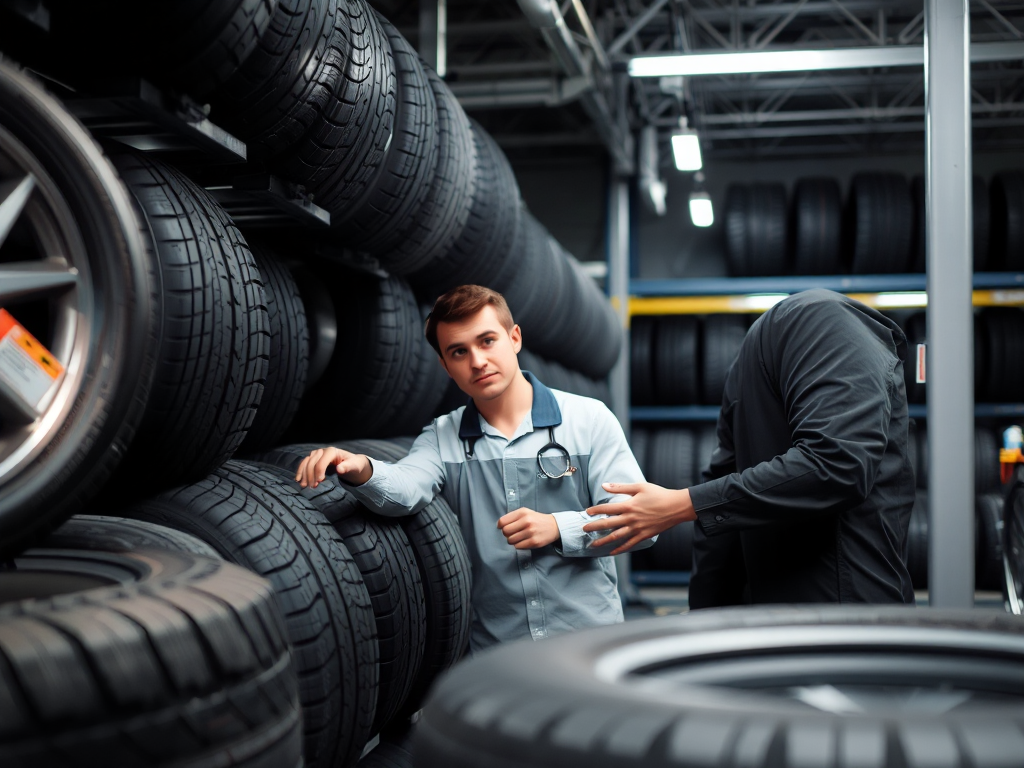 Cảnh cửa hàng thay lốp ô tô tại Hà Nội với kỹ thuật viên đang kiểm tra các loại lốp khác nhau, trưng bày lốp xe chuyên nghiệp và ánh sáng đầy đủ