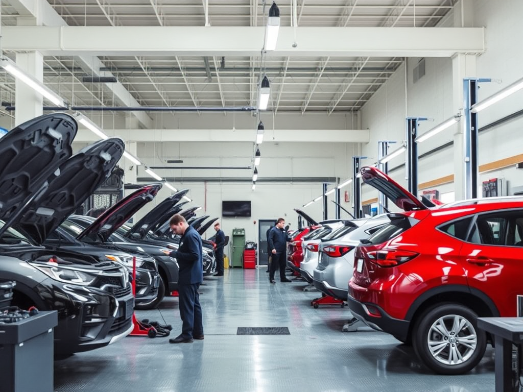 Cảnh gara ô tô chuyên nghiệp với kỹ thuật viên đang kiểm tra xe, thiết bị hiện đại, ánh sáng đầy đủ, thể hiện dịch vụ sửa chữa ô tô uy tín tại Hà Nội