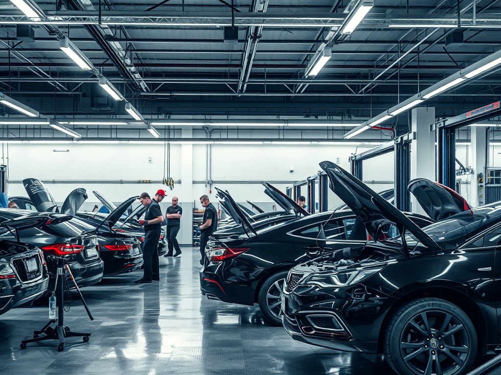 Cảnh gara ô tô hiện đại với kỹ thuật viên đang kiểm tra xe, đèn chiếu sáng rõ ràng, nhiều dụng cụ sửa chữa chuyên nghiệp được trưng bày