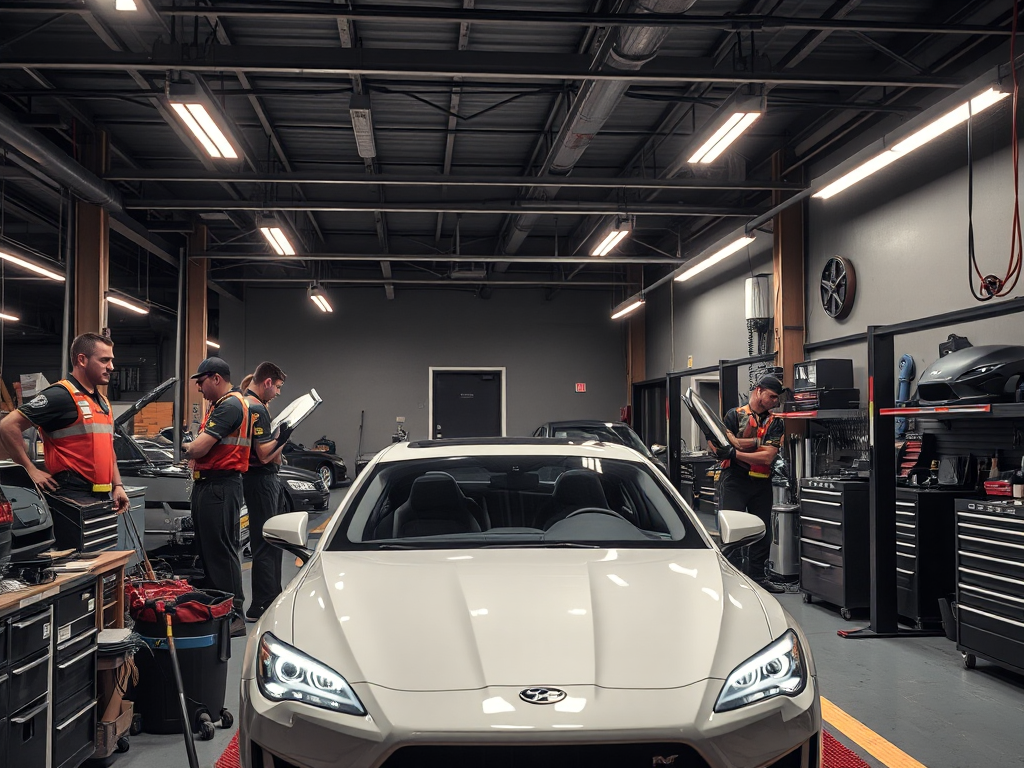 Cảnh gara ô tô uy tín tại Hà Nội với đội ngũ kỹ thuật viên chuyên nghiệp đang kiểm tra xe sang trọng dưới ánh sáng đèn chuyên dụng, không gian làm việc ngăn nắp và hiện đại
