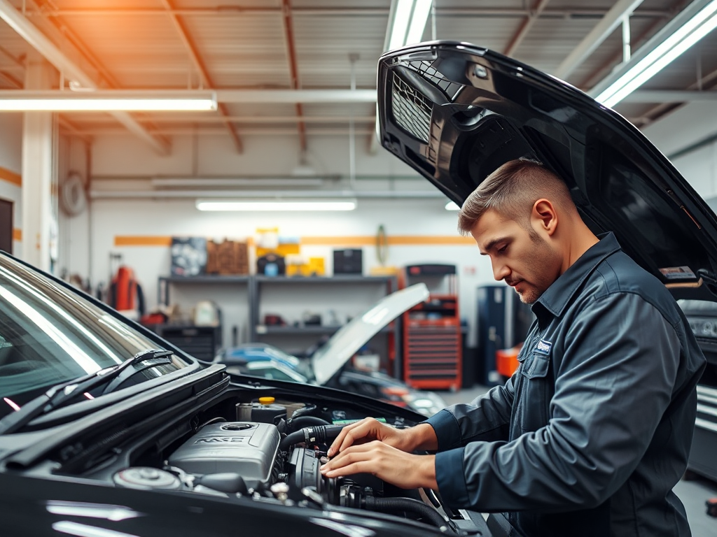 Cảnh quay trong gara ô tô hiện đại với thợ cơ khí đang kiểm tra động cơ xe, ánh sáng đèn trần sáng rõ, kệ dụng cụ được sắp xếp ngăn nắp, không gian làm việc chuyên nghiệp