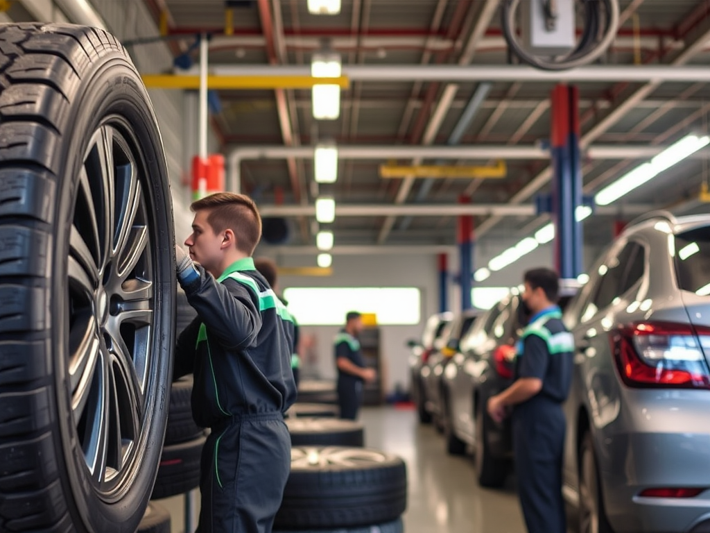 Cảnh thay lốp ô tô tại xưởng dịch vụ ở Hà Nội với kỹ thuật viên chuyên nghiệp đang làm việc, thiết bị hiện đại và ánh sáng rõ ràng