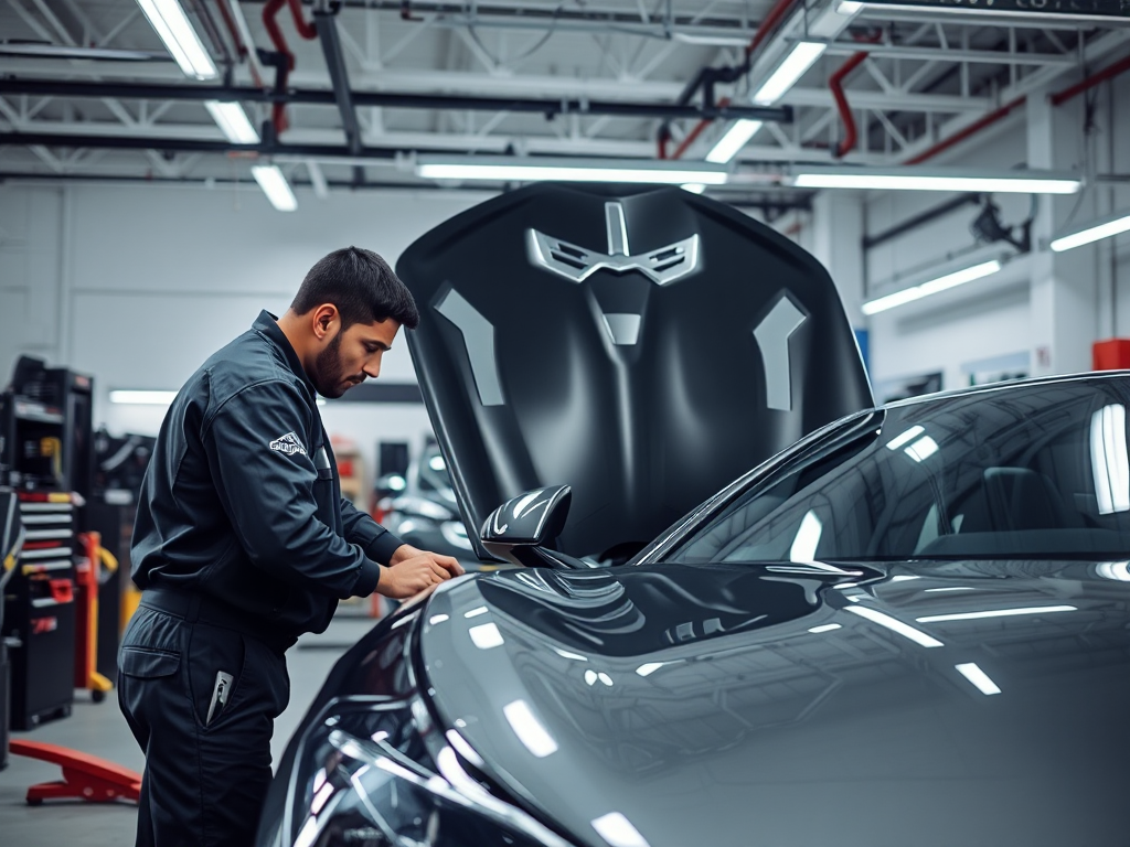 Cảnh thợ sửa xe chuyên nghiệp đang bảo dưỡng ô tô cao cấp trong gara hiện đại tại Hà Nội với ánh sáng đèn LED sáng rõ và không gian làm việc sạch sẽ