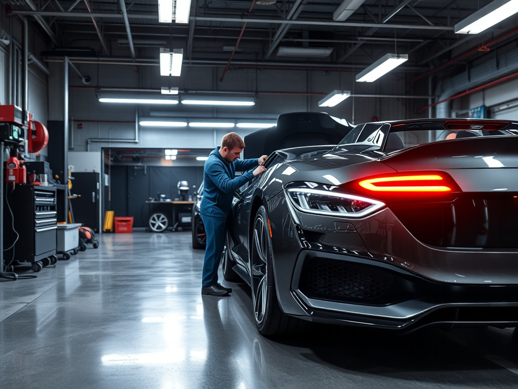 Cảnh thợ sửa xe chuyên nghiệp đang bảo dưỡng xe hơi sang trọng trong gara ô tô cao cấp tại Hà Nội với đầy đủ thiết bị hiện đại