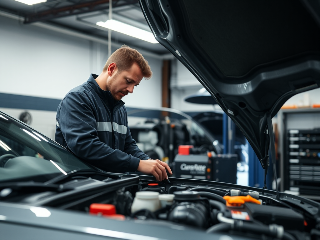 Cảnh thợ sửa xe chuyên nghiệp kiểm tra động cơ ô tô trong gara uy tín tại Hà Nội với đầy đủ dụng cụ chẩn đoán hiện đại và ánh sáng đầy đủ