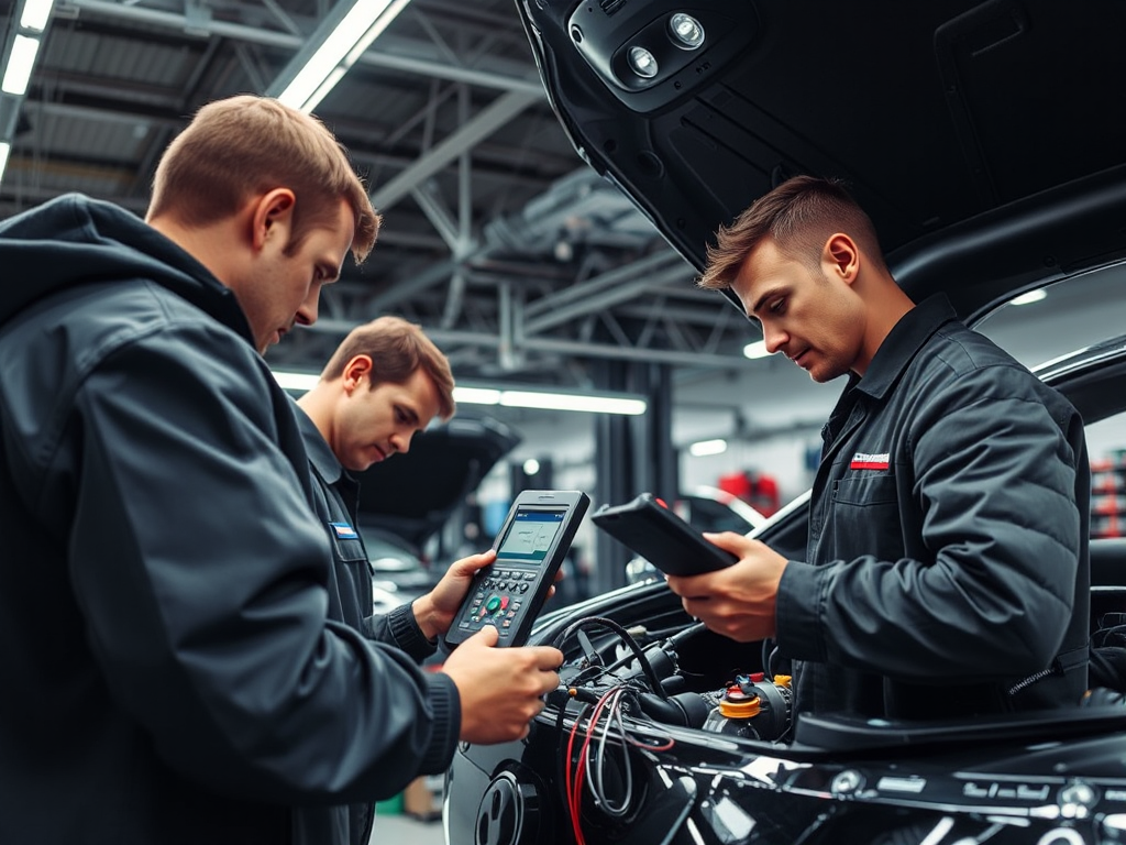 Cảnh trong gara ô tô chuyên nghiệp tại Hà Nội với kỹ thuật viên đang kiểm tra hệ thống điện xe, không gian làm việc hiện đại và ngăn nắp