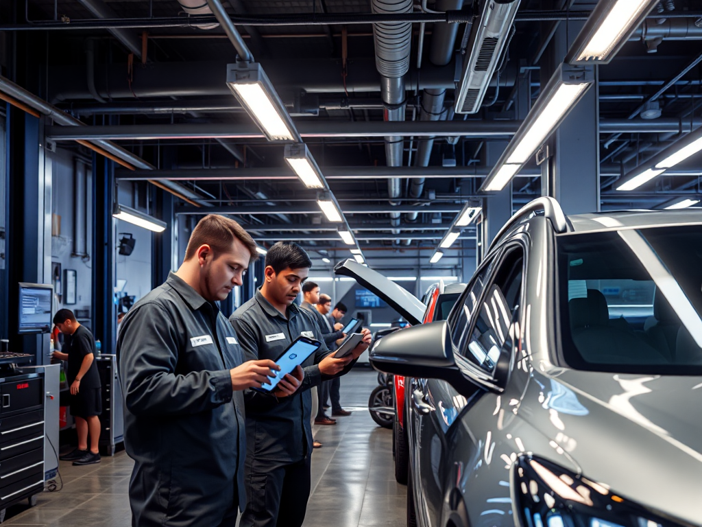 Cảnh trong xưởng sửa chữa ô tô hiện đại tại Hà Nội với thiết bị chẩn đoán tiên tiến và kỹ thuật viên đang làm việc với công nghệ số