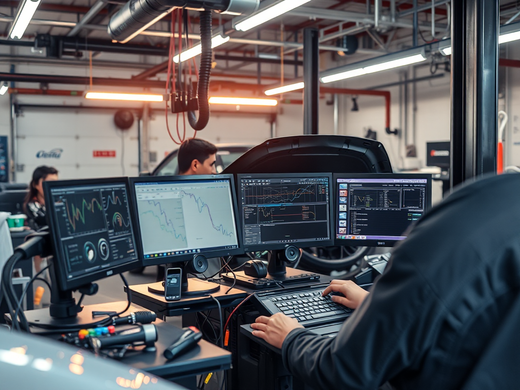 Công nghệ chẩn đoán ô tô hiện đại tại xưởng sửa chữa Hà Nội với thiết bị cảm biến và máy tính phân tích hệ thống xe