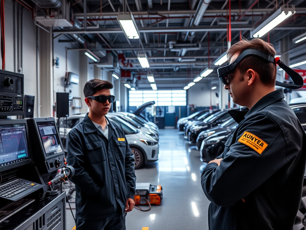 Công nghệ sửa chữa ô tô hiện đại tại Hà Nội với thiết bị chẩn đoán tiên tiến, kỹ thuật viên đeo kính thông minh phân tích dữ liệu xe điện trong xưởng sửa chữa công nghệ cao