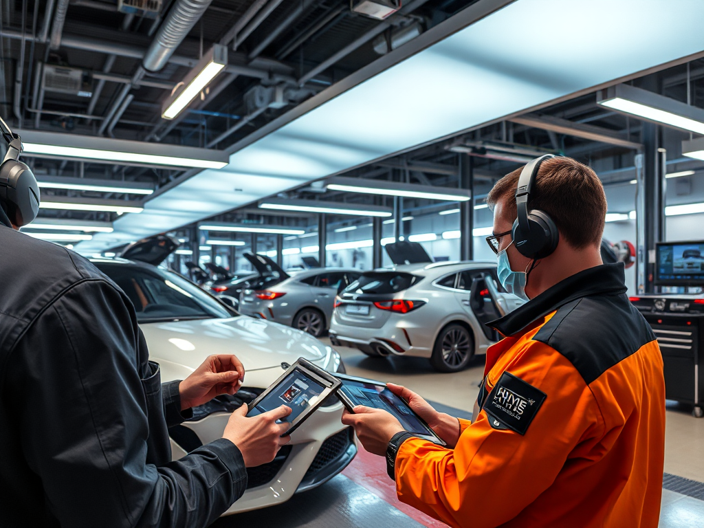 Công nghệ sửa chữa ô tô hiện đại tại Hà Nội với thiết bị chẩn đoán tiên tiến và kỹ thuật viên sử dụng máy tính bảng trong xưởng sửa chữa tương lai