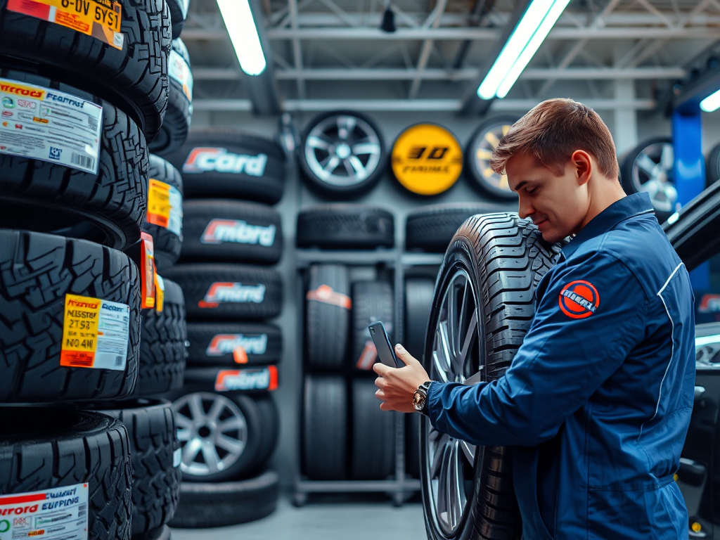 Cửa hàng lốp ô tô hiện đại với nhiều thương hiệu lốp trưng bày, kỹ thuật viên chuyên nghiệp kiểm tra lốp xe, ánh sáng LED sáng, không gian dịch vụ ô tô chuyên nghiệp