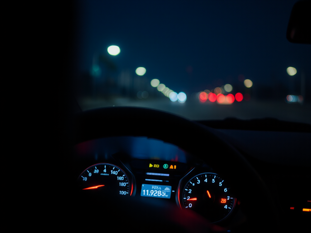 Đèn cảnh báo trên bảng điều khiển xe ô tô hiện đại được chiếu sáng trong không gian nội thất xe vào ban đêm, minh họa hệ thống báo lỗi cho người mới lái tại Hà Nội
