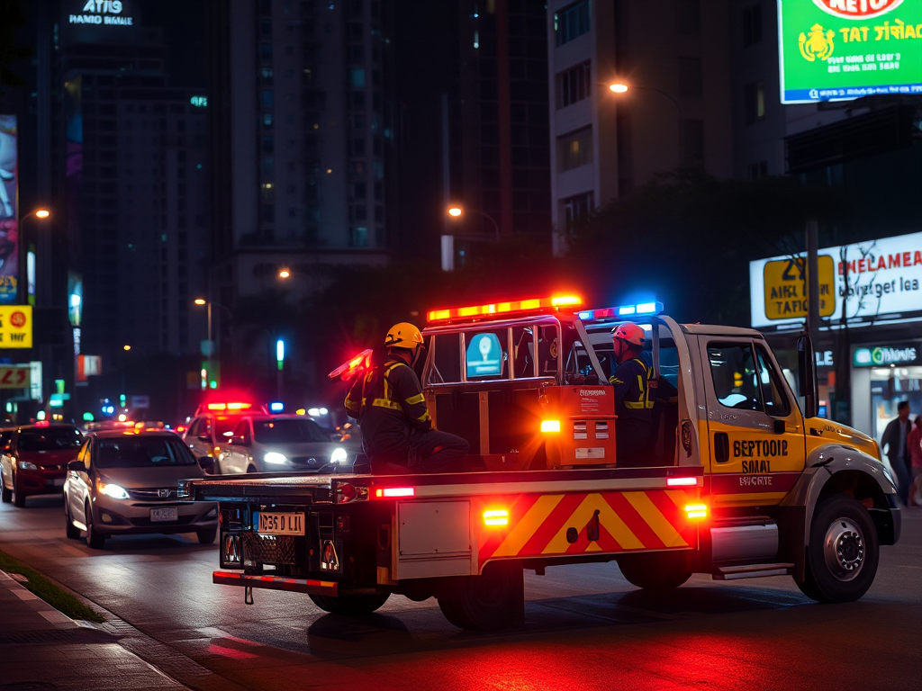 Đội cứu hộ ô tô chuyên nghiệp đang làm việc trên đường phố Hà Nội ban đêm với đèn cảnh báo khẩn cấp và khung cảnh thành phố sôi động
