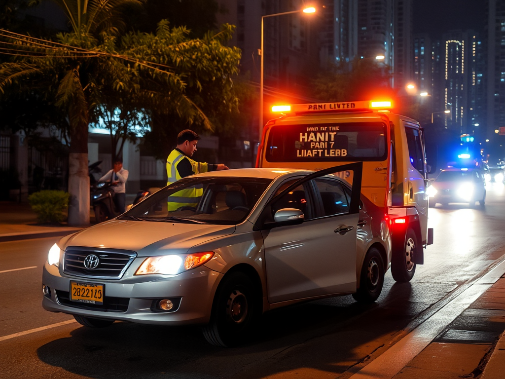 Đội cứu hộ ô tô đang hỗ trợ xe bị hỏng trên đường phố Hà Nội vào ban đêm, đèn cảnh báo khẩn cấp sáng rực, dịch vụ cứu hộ 24/7 chuyên nghiệp đang làm việc