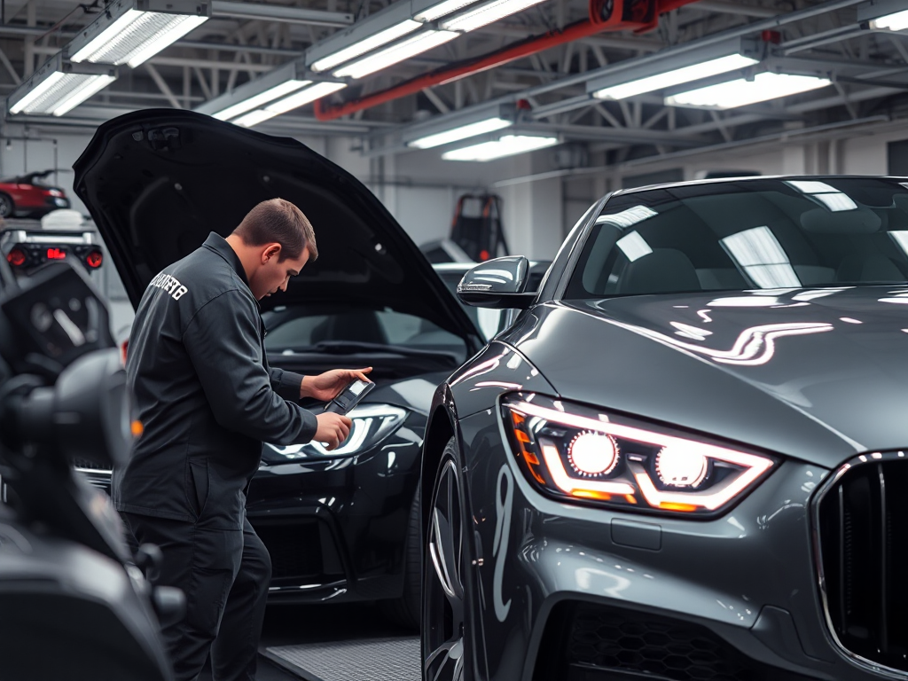 Đội ngũ kỹ thuật viên chuyên nghiệp đang sửa chữa ô tô nhập khẩu tại xưởng hiện đại ở Hà Nội, trang bị công cụ chuyên dụng và hệ thống chiếu sáng LED tiên tiến