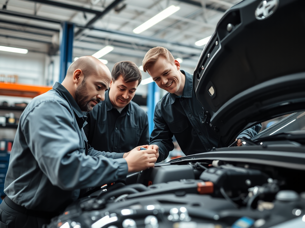 Đội ngũ kỹ thuật viên chuyên nghiệp kiểm tra động cơ ô tô tại xưởng sửa chữa hiện đại với đầy đủ dụng cụ chuyên dụng và ánh sáng đầy đủ