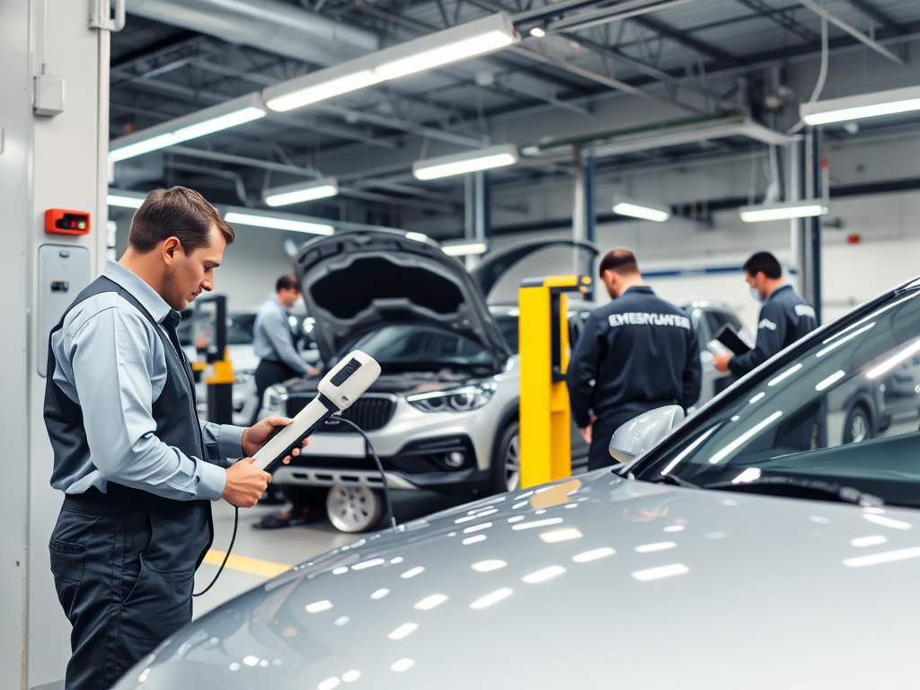 Đội ngũ kỹ thuật viên chuyên nghiệp kiểm tra khí thải ô tô tại trung tâm đăng kiểm hiện đại, sử dụng thiết bị chẩn đoán tiên tiến trong môi trường làm việc chuyên nghiệp