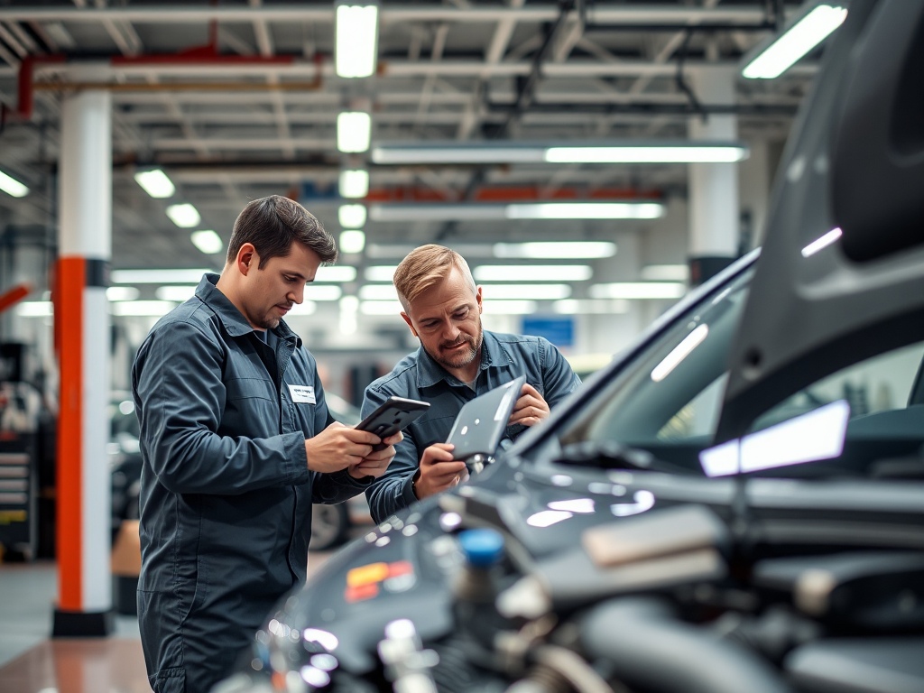 Đội ngũ kỹ thuật viên chuyên nghiệp kiểm tra ô tô chi tiết tại xưởng sửa chữa ở Hà Nội, sử dụng các thiết bị chẩn đoán hiện đại, ánh sáng đèn LED rõ ràng, quy trình kiểm tra ô tô trước khi sửa chữa...