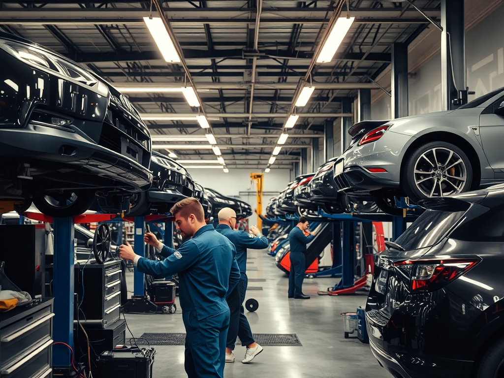 Gara ô tô chuyên nghiệp tại Hà Nội với đội ngũ kỹ thuật viên đang làm việc trên các xe nâng, trang thiết bị hiện đại và ánh sáng đèn LED sáng rõ