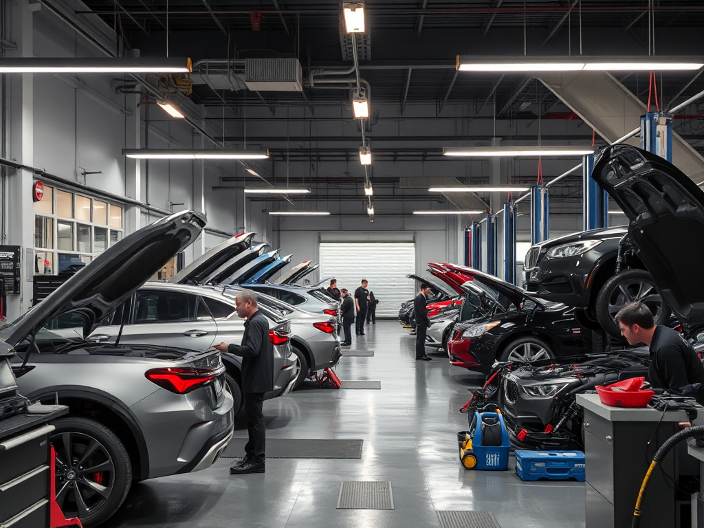 Gara ô tô hiện đại với đội ngũ kỹ thuật viên chuyên nghiệp đang bảo dưỡng xe, không gian làm việc sạch sẽ với đầy đủ dụng cụ sửa chữa chuyên dụng
