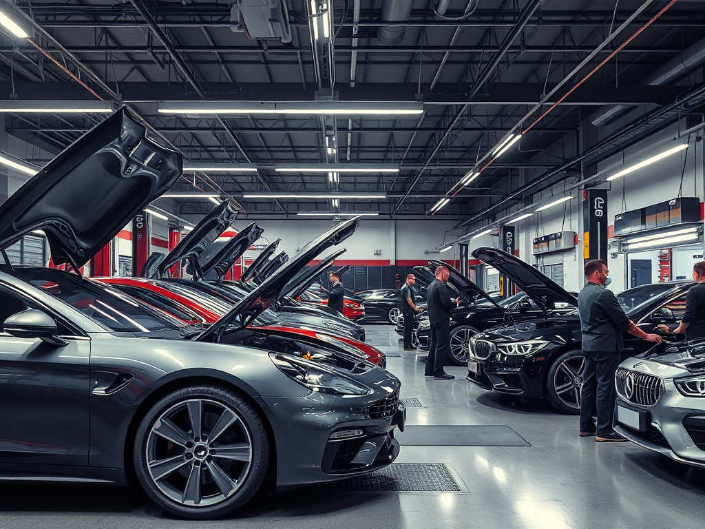 Gara ô tô hiện đại với đội ngũ kỹ thuật viên chuyên nghiệp đang bảo dưỡng xe sang trọng, ánh sáng đèn LED sáng, dụng cụ được sắp xếp gọn gàng, không gian xưởng sạch sẽ
