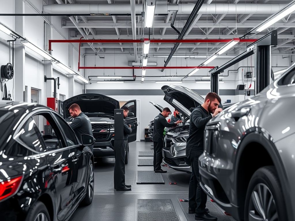 Gara sửa chữa ô tô chuyên nghiệp với ba kỹ thuật viên được chứng nhận đang làm việc trên xe, không gian sạch sẽ, trang thiết bị hiện đại, ánh sáng đèn LED sáng rõ