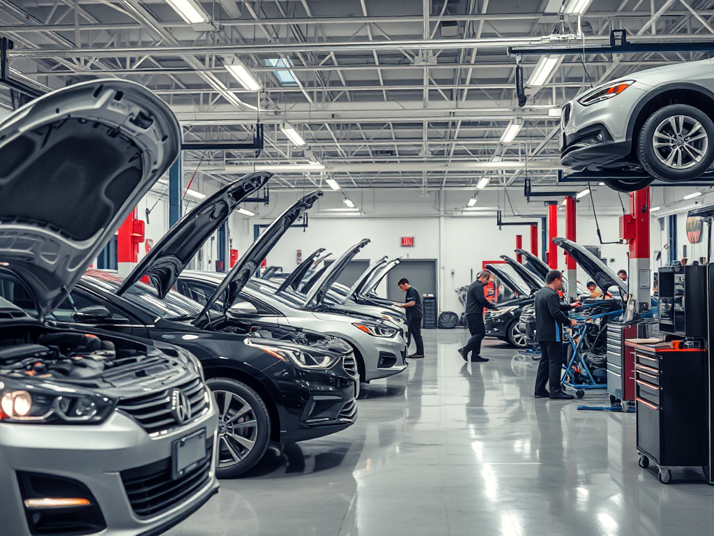 Gara sửa chữa ô tô uy tín tại Hà Nội với đội ngũ kỹ thuật viên chuyên nghiệp đang làm việc trên xe, trang thiết bị hiện đại và không gian sạch sẽ