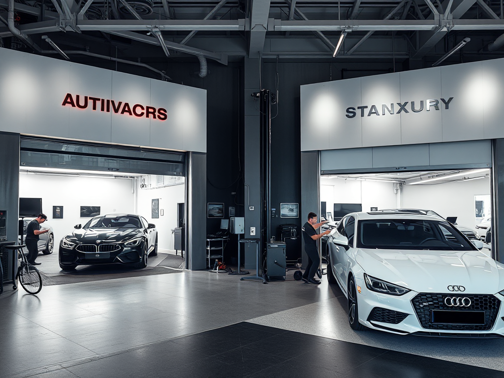 Hai khu vực gara ô tô khác nhau tại Hà Nội, một sang trọng và một tiêu chuẩn, kỹ thuật viên đang làm việc trên xe, ánh sáng rõ ràng, thể hiện dịch vụ bảo hành gara ô tô chuyên nghiệp