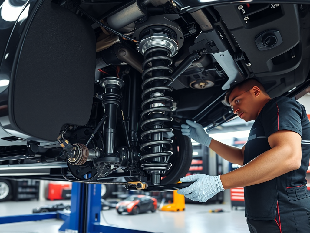 Hệ thống treo ô tô đang được kỹ thuật viên chuyên nghiệp bảo dưỡng trong gara hiện đại với đầy đủ dụng cụ và thiết bị chuyên dụng