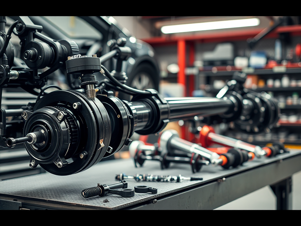 Hệ thống treo ô tô với các chi tiết cơ khí phức tạp trên bàn làm việc trong xưởng sửa chữa, thể hiện tầm quan trọng của bảo dưỡng định kỳ