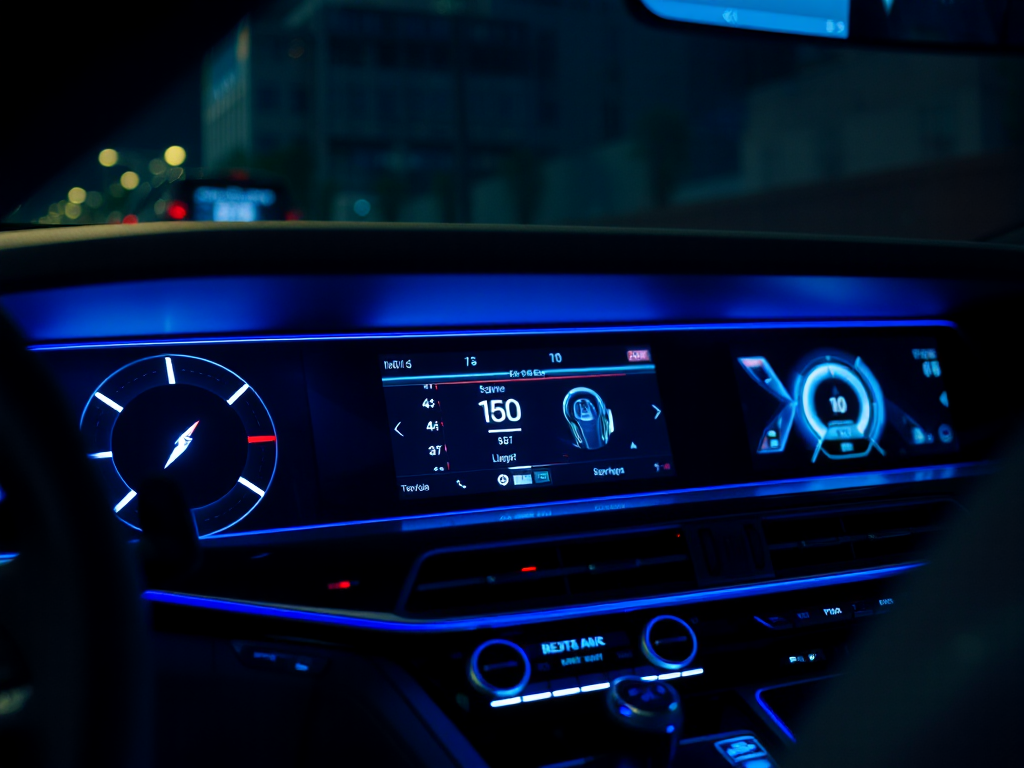 Hình ảnh bảng điều khiển xe sang với các màn hình kỹ thuật số sáng, đèn nền màu xanh dương tạo không gian hiện đại, thể hiện hệ thống điện tử tiên tiến