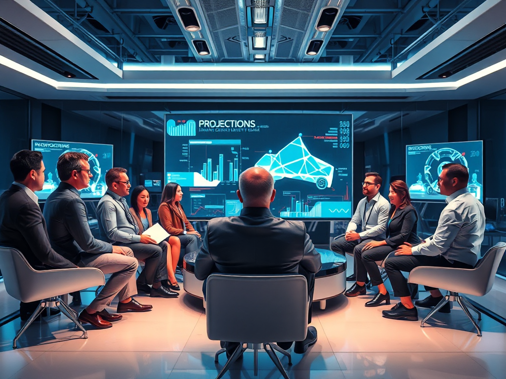 Hình ảnh các chuyên gia ô tô thảo luận xu hướng thị trường phụ tùng ô tô năm 2026 trong không gian công nghệ cao, phản ánh sự phát triển và kết luận.