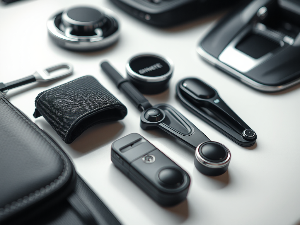 Hình ảnh cận cảnh các phụ kiện ô tô chất lượng cao được sắp xếp gọn gàng, thể hiện chi tiết và vật liệu cao cấp.