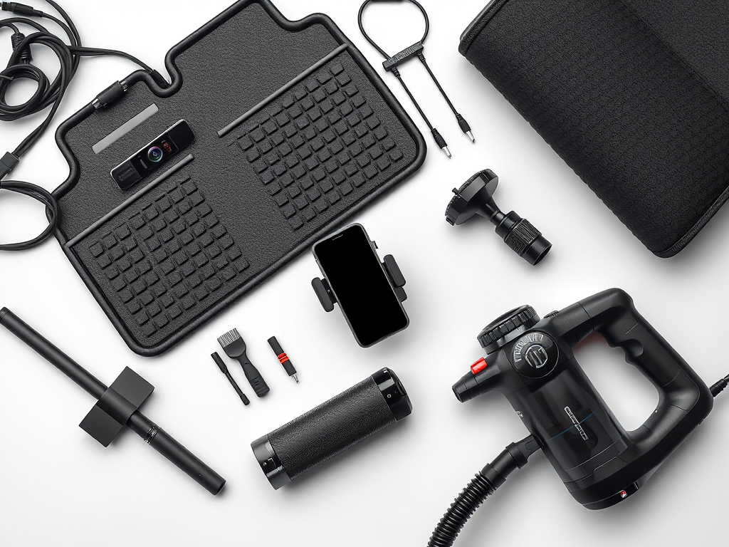 Hình ảnh cận cảnh các phụ kiện ô tô chất lượng cao như camera hành trình, thảm lót sàn, giá đỡ điện thoại, và máy hút bụi, được sắp xếp gọn gàng.