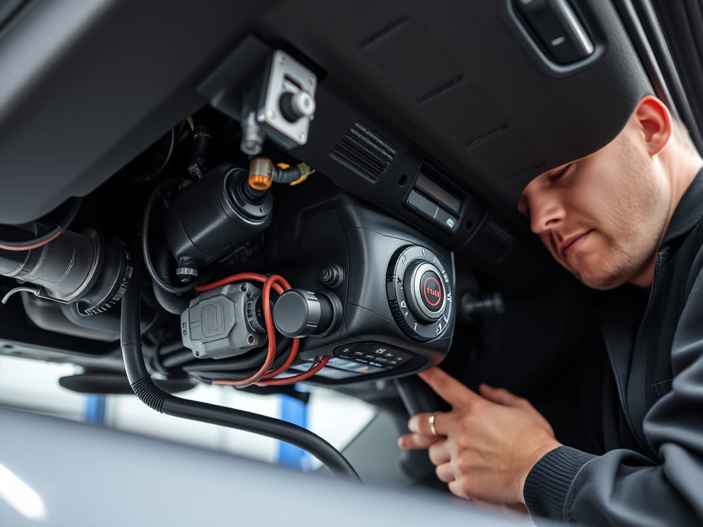 Hình ảnh chi tiết hệ thống điều hòa ô tô với thợ sửa chữa đang làm việc trong xưởng hiện đại, thể hiện các bộ phận quan trọng của hệ thống điều hòa ô tô Hà Nội